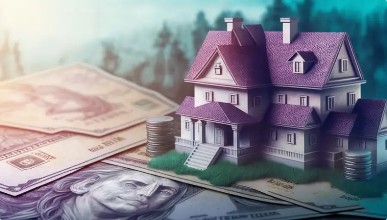 A model house on top of dollar bills and coin stacks, with blurred text in the background.